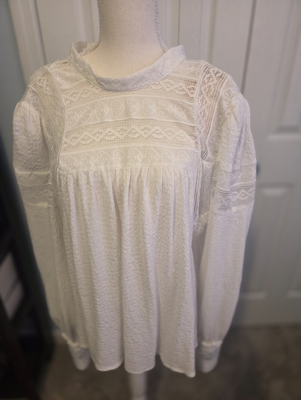 Free People White Lace Yoke Long-Sleeve Women's Top